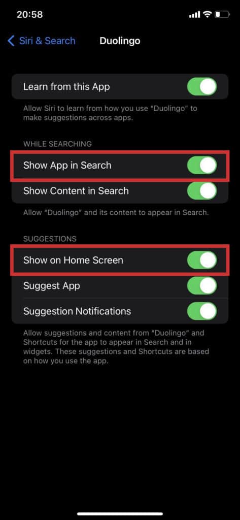 remove an app from search - step 3