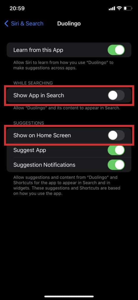 remove an app from search - step 4