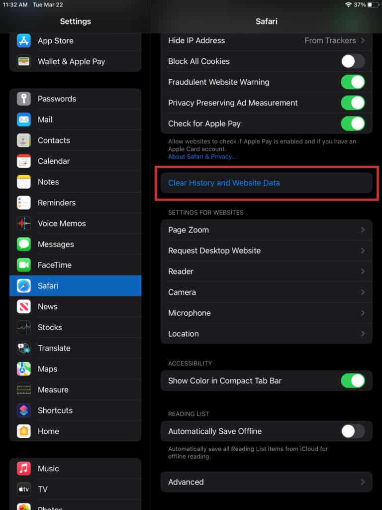 how to delete search history on ipad - all at once step 2