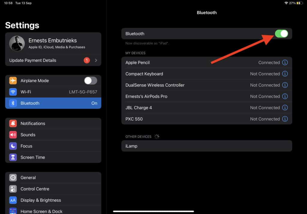 how to enable bluetooth on iPad