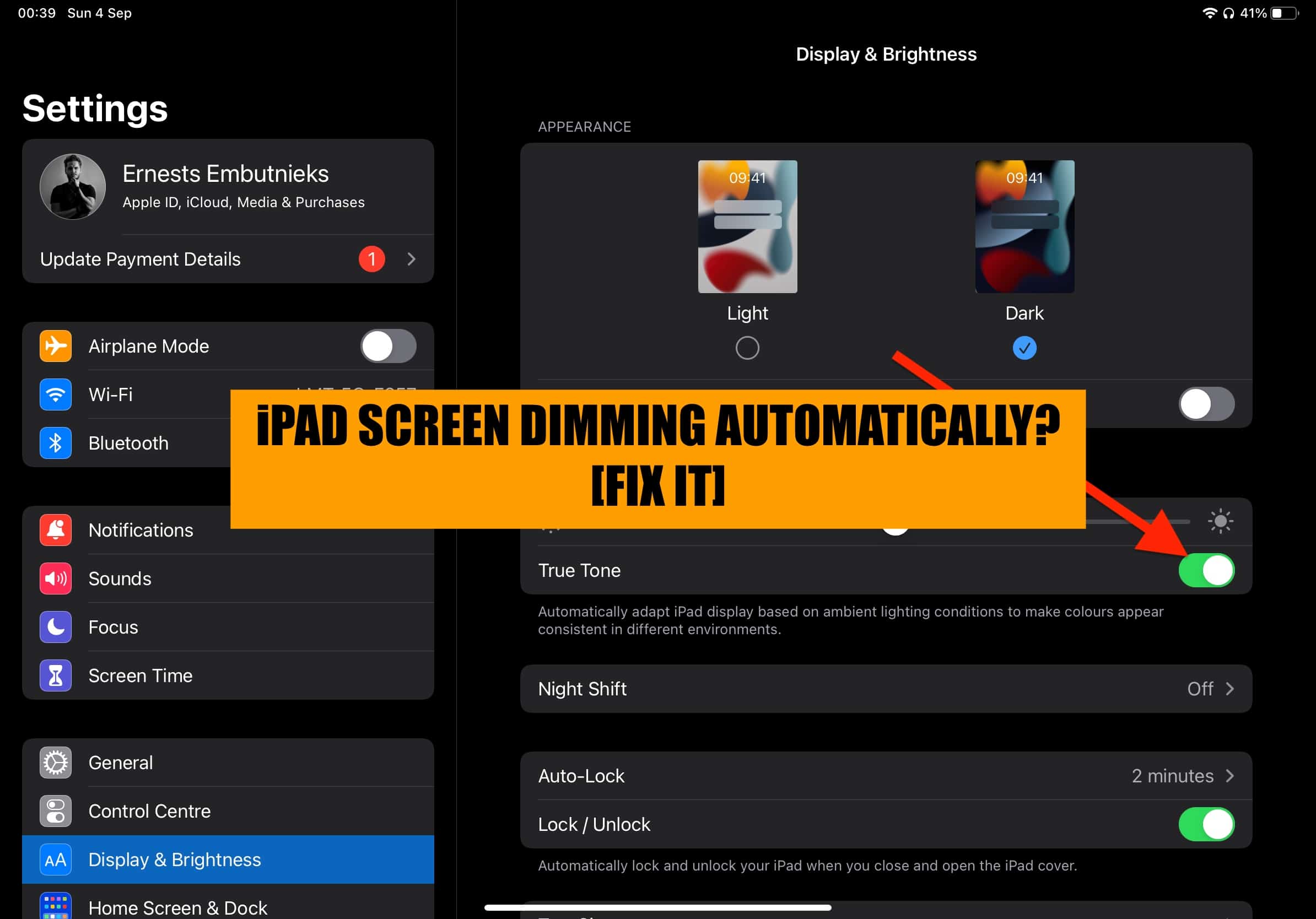 why does ipad screen keeps dimming automatically and how to fix it