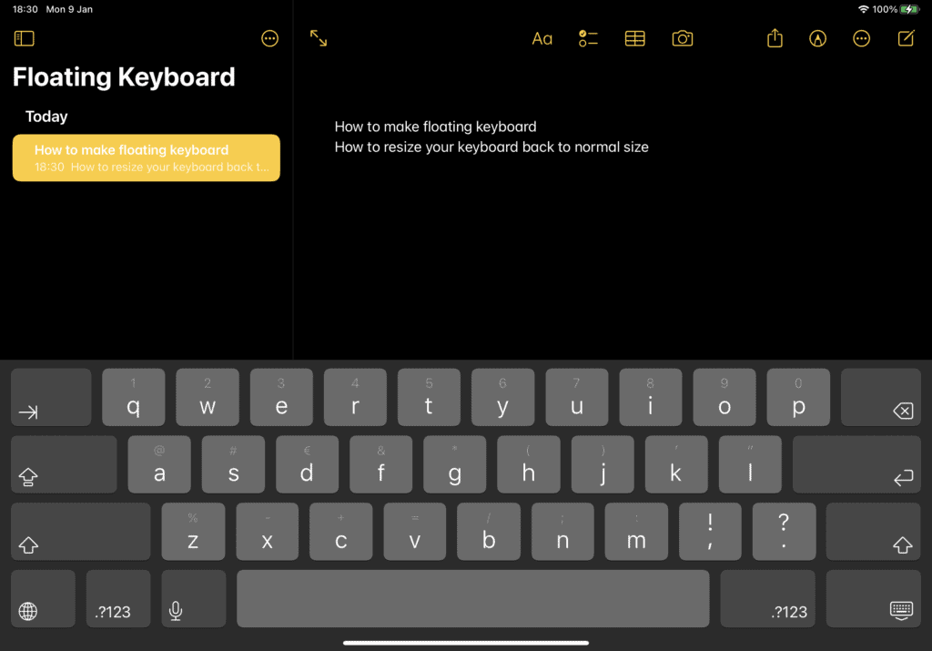 ipad floating keyboard returned back to normal size