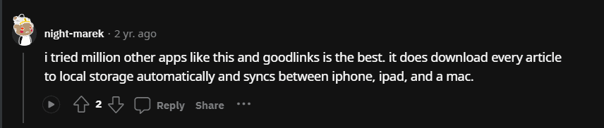 why a reddit user likes goodlinks app on ipad