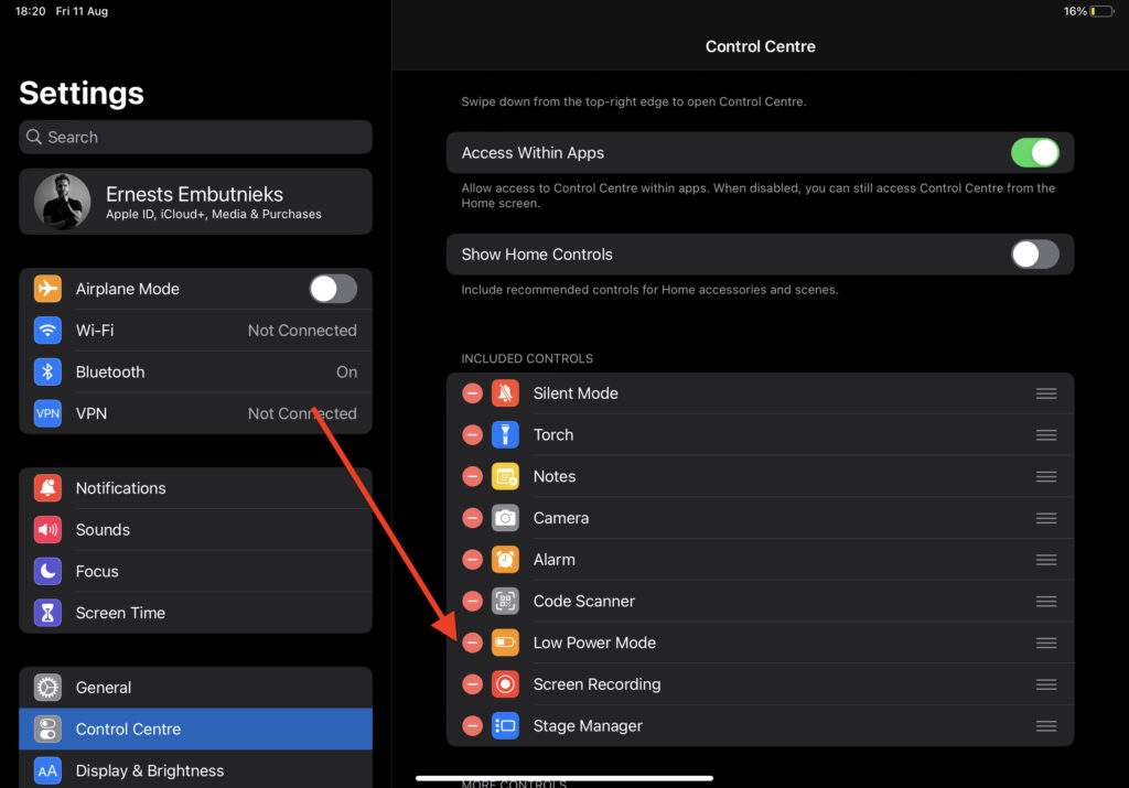 how to turn on low power mode in control center