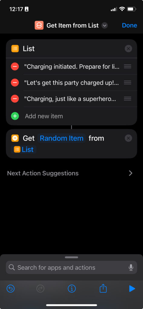 creating a list in shortcut app
